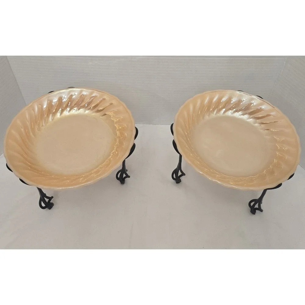 Vtg 2 Fire-King Peach Lustre Swirl Bowls with Meta Scroll Stands Anchor Hocking